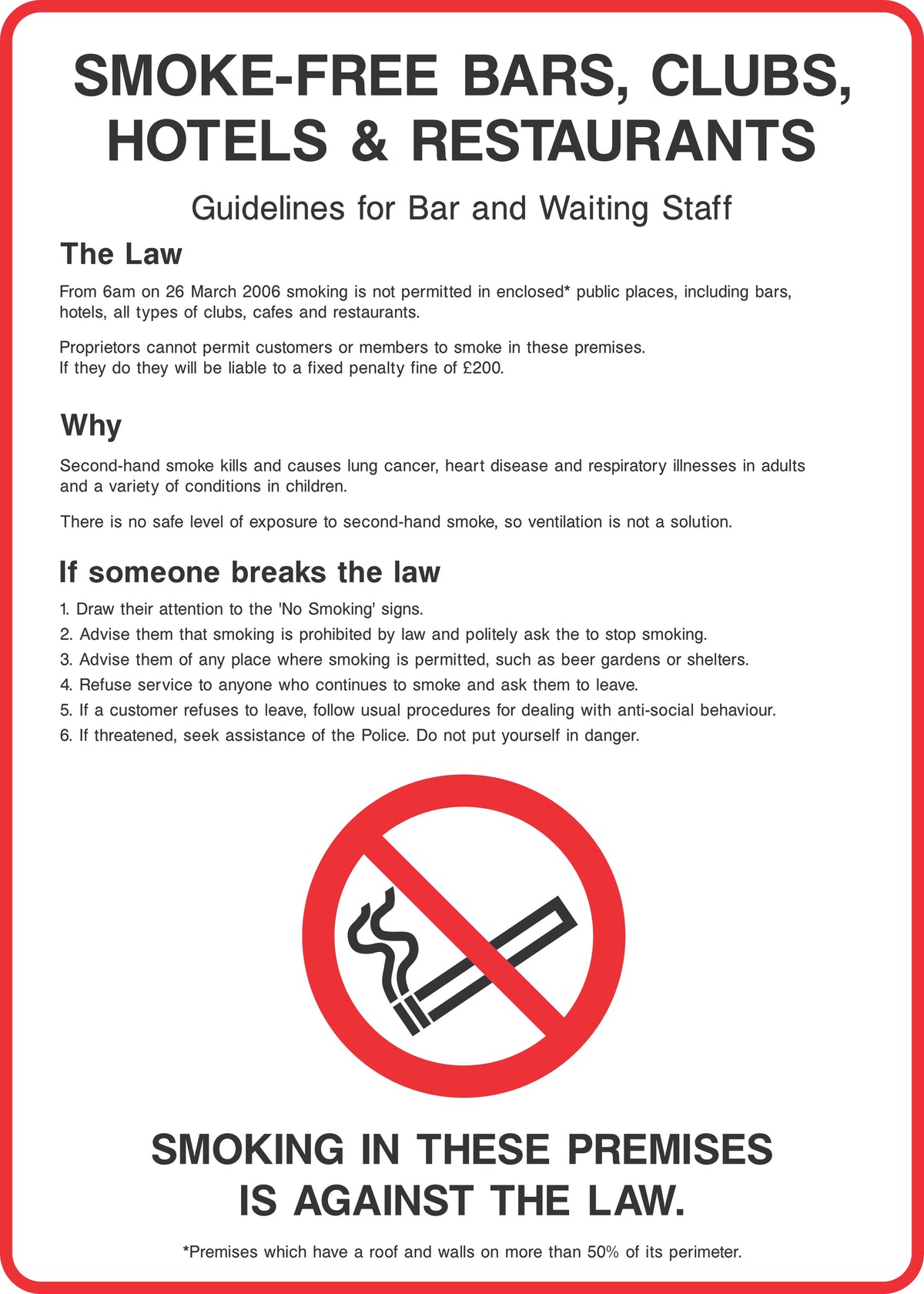 Smoke free bars, clubs, hotels and restaurants Sign